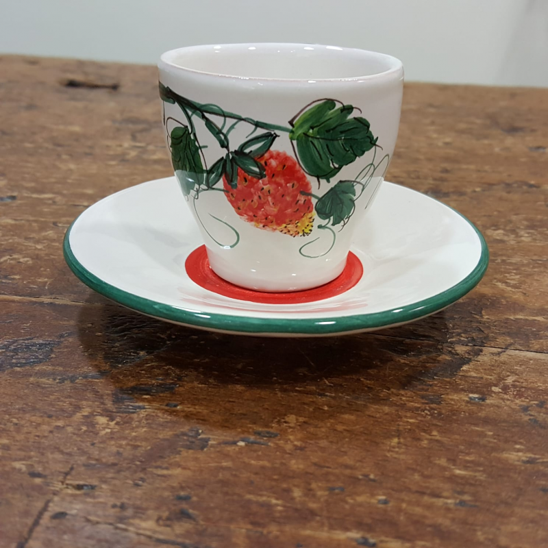 Hand painted ceramic coffee cups with strawberry decorations