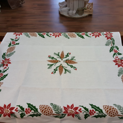 Christmas Tablecloth prints of pine cones and holly