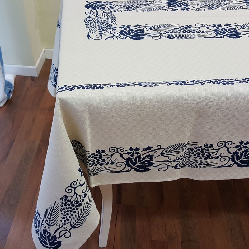 Tovaglia blu decorazione stampe romagnole spiga e uva