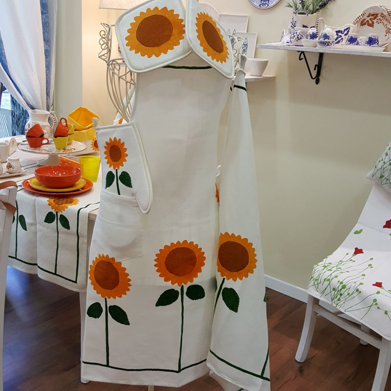 Completo da cucina in cotone e lino stampa girasoli